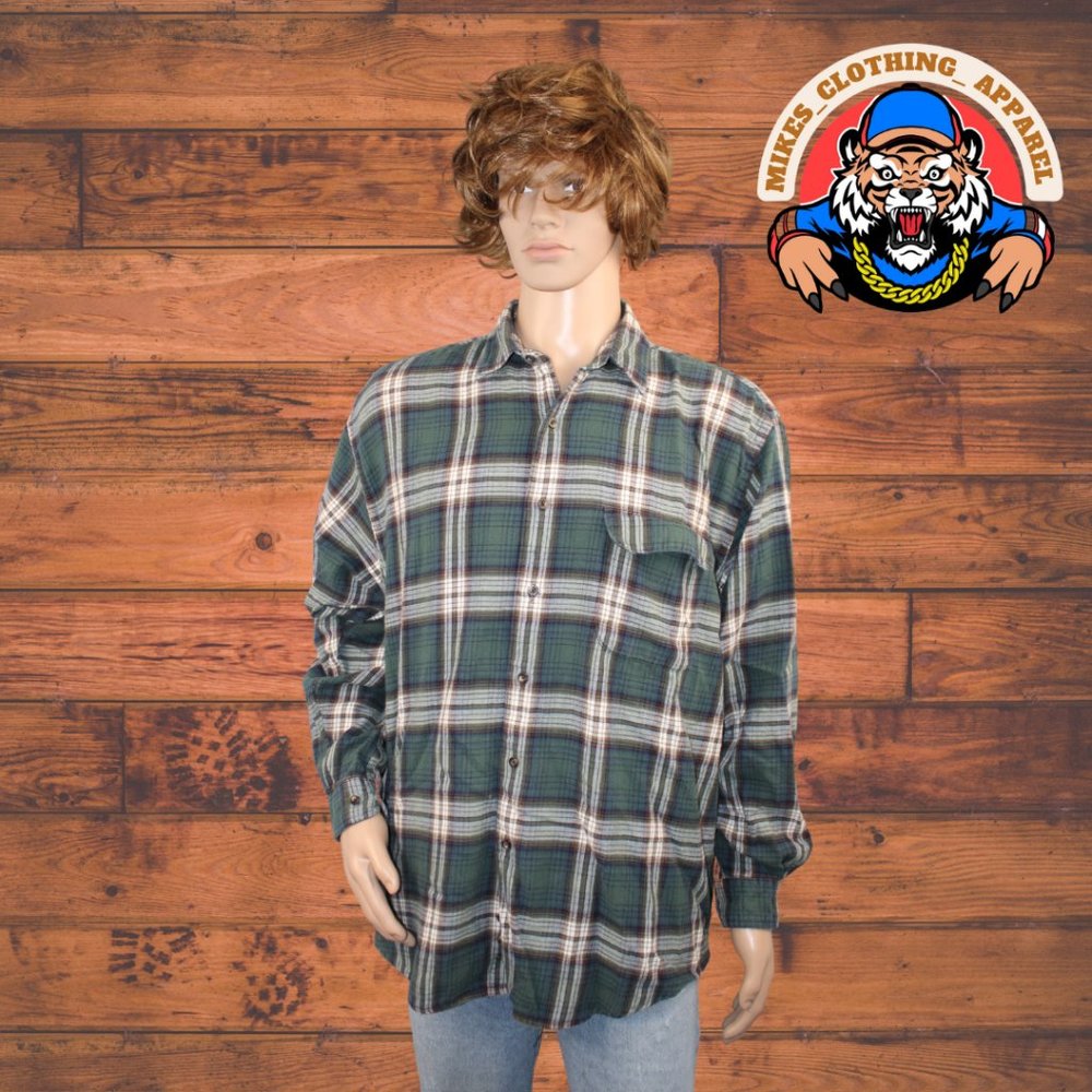 Eddie Bauer Dark Green/White Button Down Flannel Large